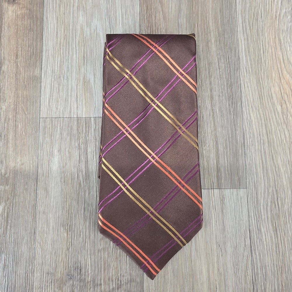 Ike Behar New York Mens Silk Tie Brown Orange Purple Gold Diagonal Plaid Stripe